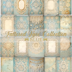 Blue Tattered Lace afdrukbaar papier, vintage kant digitale junk journal kit, collage blad, plakboekpapier, dagboekpagina's, shabby chic papier