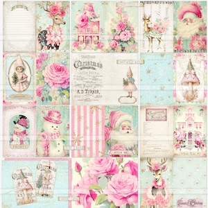 Shabby Chic Junk Journal Christmas Printable Kit, junk journal printables, Shabby Christmas Paper, Pink Christmas Digital, pages and tags