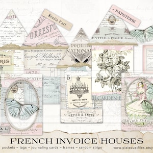 Factures françaises imprimables maisons, pochettes pour journaux indésirables, étiquettes, cartes de journalisation, éphémères vintage, Paris, France, vieux papiers, scrapbooking, atc