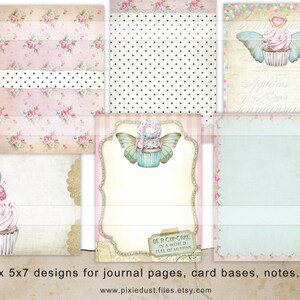 May include: Six printable digital paper designs featuring a vintage aesthetic with floral patterns, polka dots, and cupcakes with butterflies. The designs are perfect for scrapbooking, card making, and other paper crafts.
