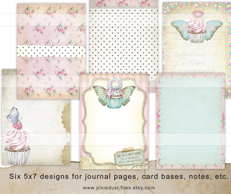 May include: Six printable digital paper designs featuring a vintage aesthetic with floral patterns, polka dots, and cupcakes with butterflies. The designs are perfect for scrapbooking, card making, and other paper crafts.