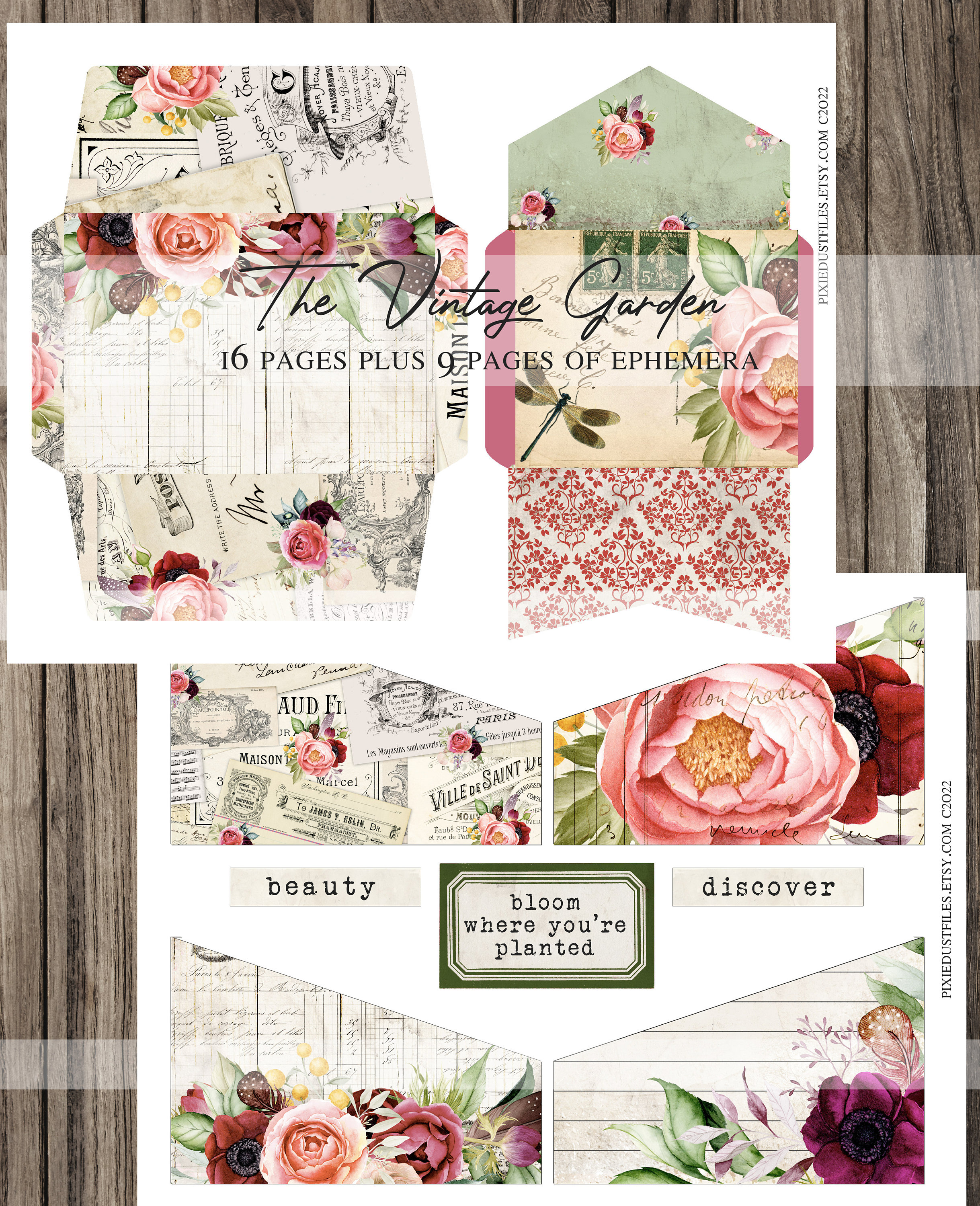 The Vintage Garden Printable Junk Journal Kit, Pages, Pockets, Floral ...