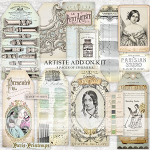 Afdrukbare junkjournaalkit, tags, efemere, logboekkaarten, ARTISTE-add-onkit, junkjournalbenodigdheden, vintage foto, papieren, verfstaal