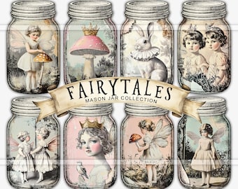 Fairytales, mason jars printable, junk journal ephemera, vintage fairy journal kit, digital download, bookmarks, journaling tags cards
