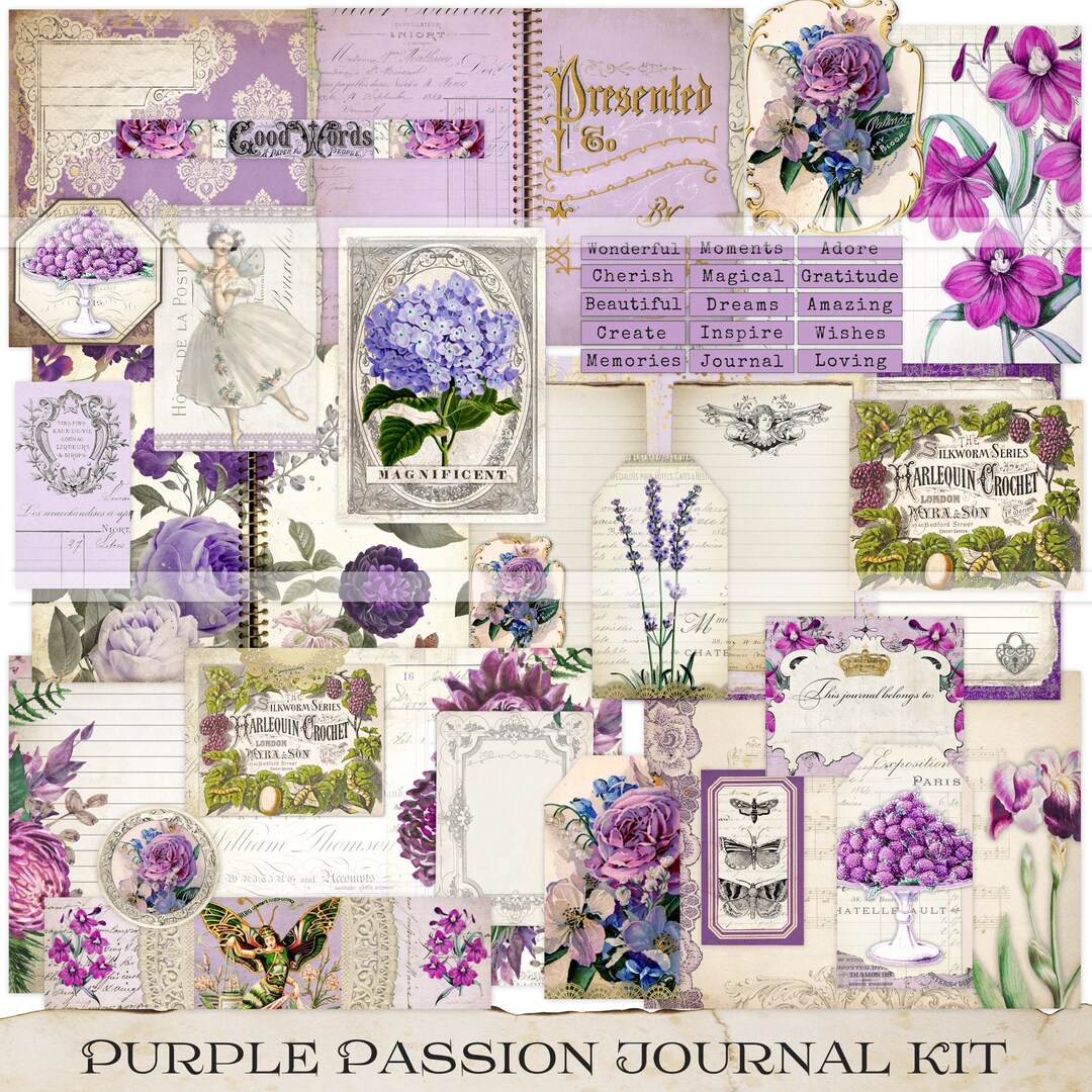 Purple Junk Journal Printable Digital Kit, Lines Pages Papers, Purple