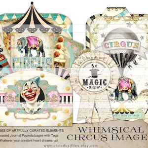 Circus Junk Journal Kit Vintage Circus Images Antique Ephemera Circus themed junk journal supplies printable pages paper pockets circus tag