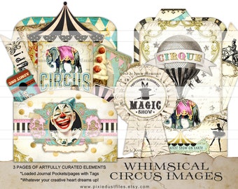 Circus Junk Journal Kit Vintage Circus Images Antique Ephemera Circus themed junk journal supplies printable pages paper pockets circus tag