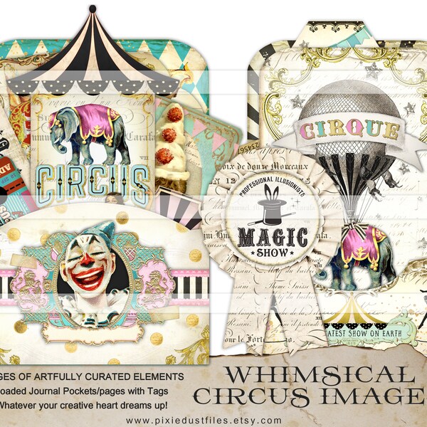 Vintage Circus Junk Journal Printable Kit - digital collage sheet - antique ephemera - circus themed images - elephant - hot air balloon