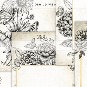 May include: Close-up view of a collage featuring vintage botanical illustrations. The design includes detailed black and white drawings of flowers, butterflies, and leaves, set against a textured, off-white background. The text "close up view" is visible.