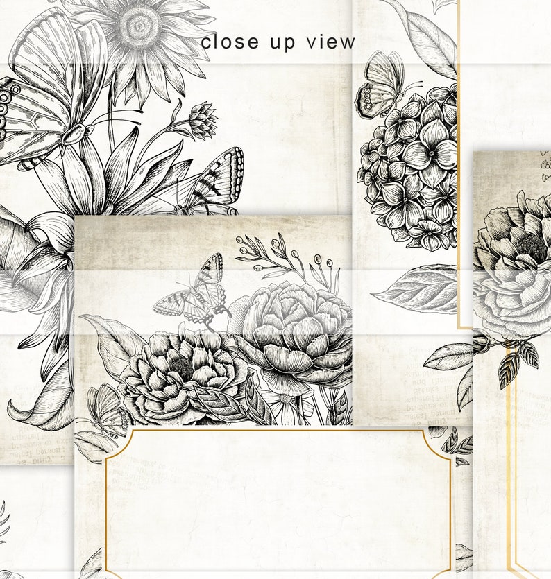 May include: Close-up view of a collage featuring vintage botanical illustrations. The design includes detailed black and white drawings of flowers, butterflies, and leaves, set against a textured, off-white background. The text "close up view" is visible.