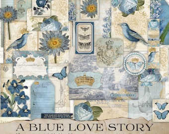 Blue junk journal kit digital vintage ephemera pack printable papers collage sheets botanical birds antique paper scrapbook paper crafts