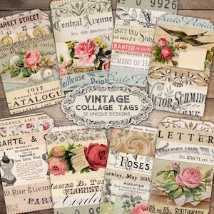 Puede incluir: Una colección de etiquetas de collage vintage con diseños florales y antiguos. Las etiquetas presentan rosas, texto y elementos decorativos. El texto en las etiquetas incluye frases como "Market Street" y "Vintage Collage Tags".