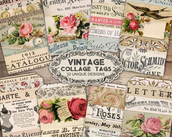 Junk Journal Tags, Digi Kit, Printable Ephemera, Roses, Postcards, Vintage Paper, DIGITAL DOWNLOAD