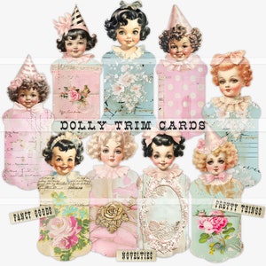 Dolly Trim Karten, druckbare Bandspulen Karte, Vintage Papierpuppe, Junk Journal digitale Ephemera, Download, Vintage Clipart, Scrapbook