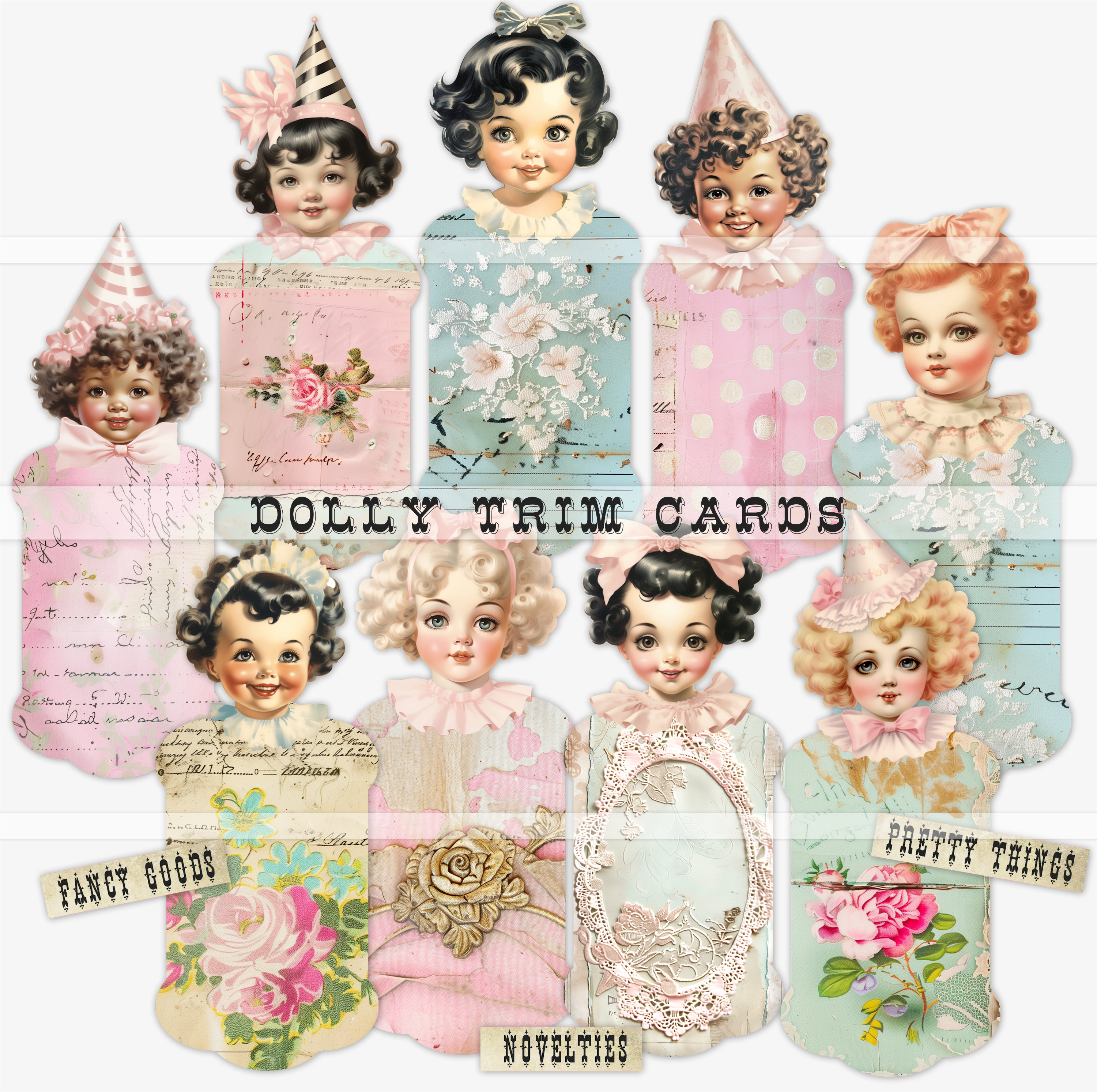 Dolly Trim Cards, printable ribbon spool card, vintage paper doll, junk journal digital ephemera, download, vintage doll clipart, scrapbook