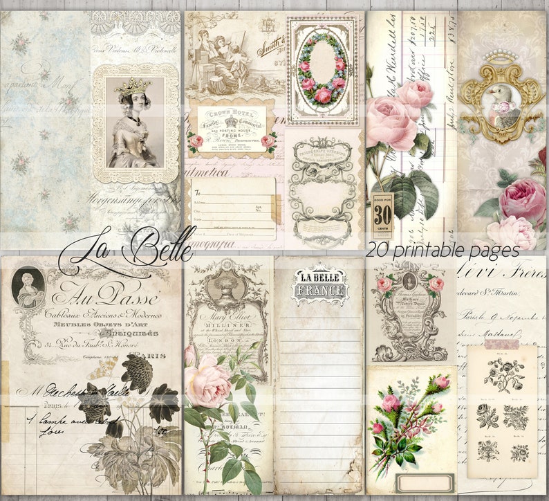 Op de afbeelding: Een set van 20 afdrukbare pagina's met vintage-ge&iuml;nspireerde ontwerpen met bloemmotieven, sierlijke frames en tekst in het Frans. De pagina's zijn perfect voor scrapbooking, kaartmaken of andere papierkunst.
