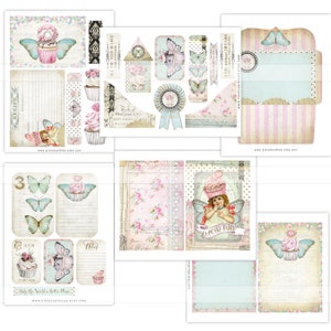 May include: A digital printable sheet with various images of cupcakes, butterflies, and fairies. The sheet includes a recipe card, a note card, and a cupcake fairy card. The sheet is designed in a vintage style with pastel colors and floral patterns.