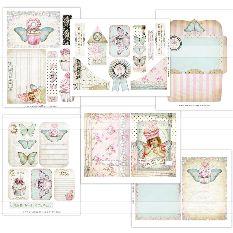 May include: A digital printable sheet with various images of cupcakes, butterflies, and fairies. The sheet includes a recipe card, a note card, and a cupcake fairy card. The sheet is designed in a vintage style with pastel colors and floral patterns.