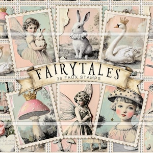 May include: A collection of 36 faux stamps with a fairytale theme. The stamps depict illustrations of a fairy, a rabbit, a swan, and a mushroom with a crown. The text "FAIRYTALES" is displayed on a banner.