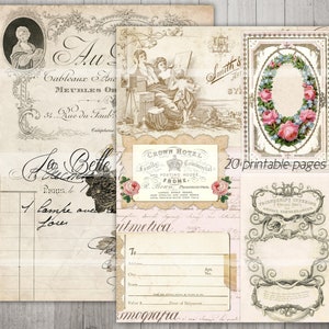 Op de afbeelding: Een vintage printbaar papierpakket met 20 pagina's met afbeeldingen van bloemen, een hotel en een vrouw die schildert. De pagina's zijn versierd met sierlijke frames en tekst in het Frans en Engels.