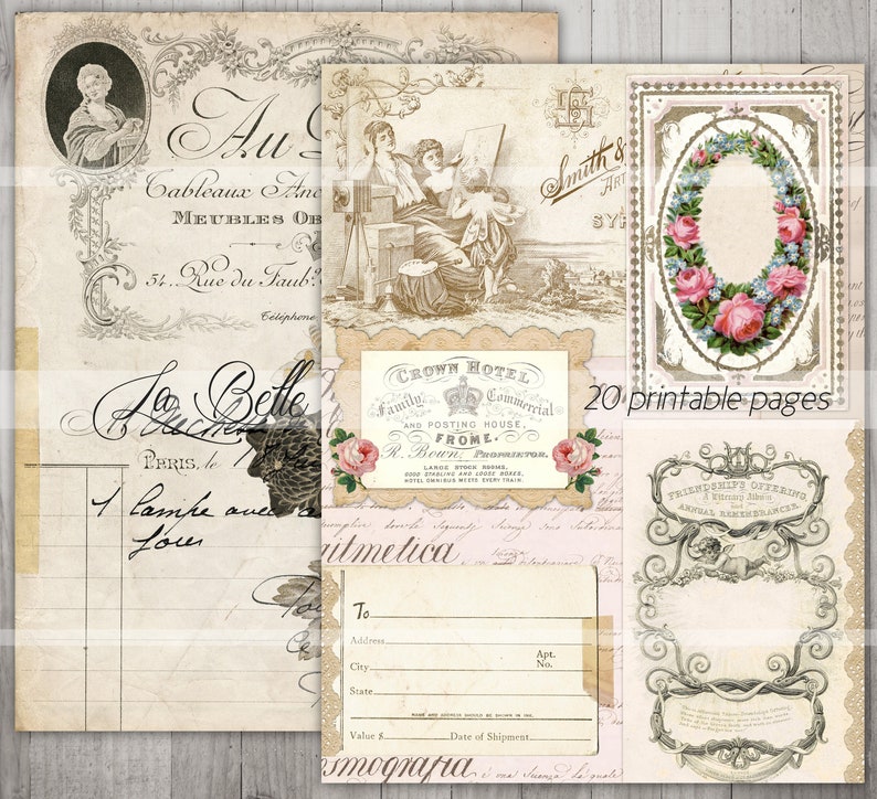 Op de afbeelding: Een vintage printbaar papierpakket met 20 pagina's met afbeeldingen van bloemen, een hotel en een vrouw die schildert. De pagina's zijn versierd met sierlijke frames en tekst in het Frans en Engels.
