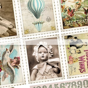 May include: A collage of vintage images featuring a young girl in a ballerina costume, a hot air balloon, a floral illustration with the word "Illustrated", a child's doll, and a vintage game box with the text "The Popular Game of Tiddledy Winks".