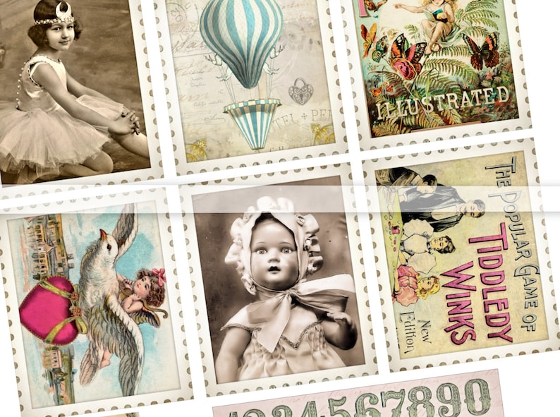 May include: A collage of vintage images featuring a young girl in a ballerina costume, a hot air balloon, a floral illustration with the word "Illustrated", a child's doll, and a vintage game box with the text "The Popular Game of Tiddledy Winks".