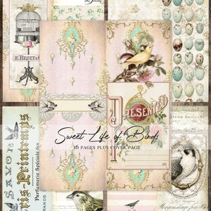 birds junk journal printable kit, tall & skinny, vintage bird journal, slim French document style journal bird themed printable pages, paper