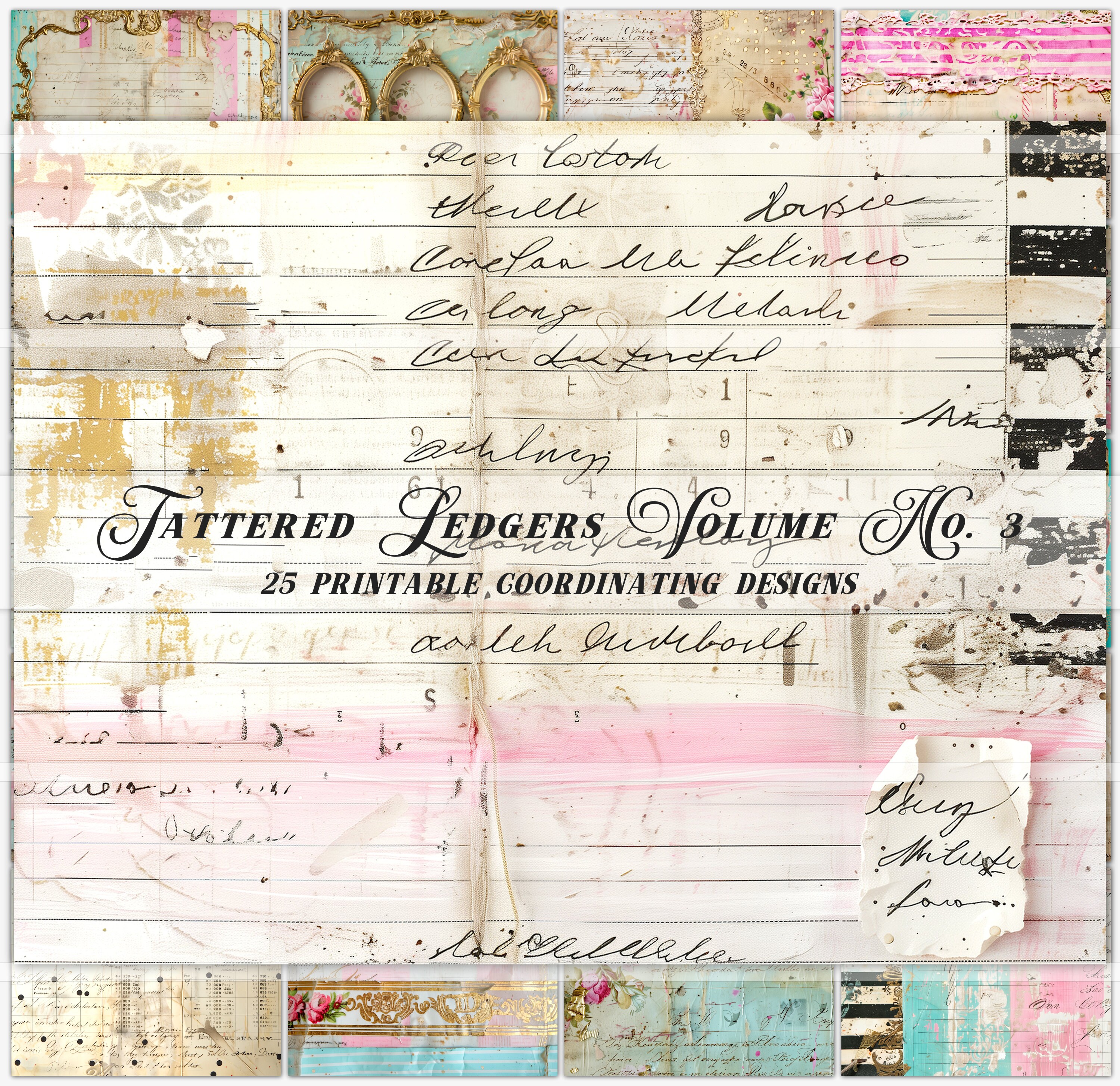Printable Tattered Antique Ledger Papers, Pink Junk Journal Pages ...