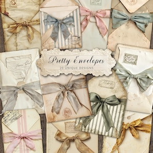 以下が含まれることがあります： ピンク、青、金など、さまざまな色の装飾的なリボンが付いたヴィンテージスタイルの封筒のコレクション。ストライプ模様やスタンプが付いた封筒もあります。「Pretty Envelopes」と「20 UNIQUE DESIGNS」の文字が装飾的なラベルに表示されています。