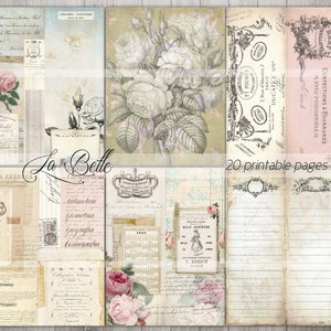 Op de afbeelding: Een collage van 20 afdrukbare pagina's met vintage-ge&iuml;nspireerde ontwerpen. De pagina's bevatten bloemmotieven, handschrift, en decoratieve randen. De tekst bevat de woorden "La Belle" en "20 afdrukbare pagina's".