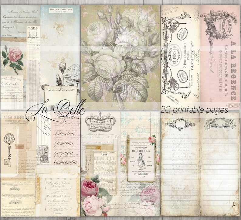 Op de afbeelding: Een collage van 20 afdrukbare pagina's met vintage-ge&iuml;nspireerde ontwerpen. De pagina's bevatten bloemmotieven, handschrift, en decoratieve randen. De tekst bevat de woorden "La Belle" en "20 afdrukbare pagina's".