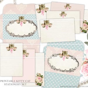 Kitty cat junk journal papers, printable cards, cat envelopes, journaling tags, junk journal supplies, cat themed journal ephemera printable
