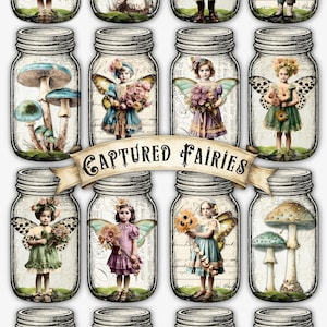 Puede incluir: Una colección de tarros Mason de estilo vintage, cada uno con una ilustración de hadas o setas. Los tarros están dispuestos en una cuadrícula, con una pancarta que dice "CAPTURED FAIRIES". Las hadas tienen alas de mariposa y visten diferentes atuendos.