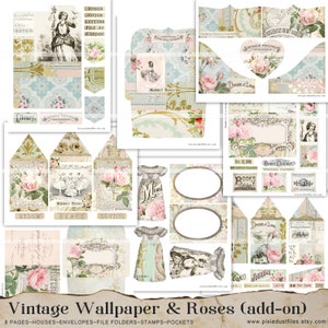 junk journal supplies, vintage wallpaper, tags, pockets, envelopes, paper doll dresses, digital papers, collage sheet, file folders roses wp