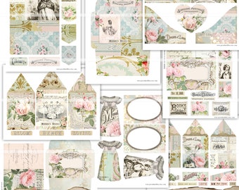 junk journal supplies, vintage wallpaper, tags, pockets, envelopes, paper doll dresses, digital papers, collage sheet, file folders roses wp
