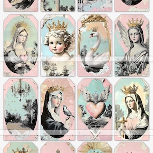 Étiquettes sacrées de la Mère Marie, cartes de journalisation, journal de la prière de la foi imprimable, papier de téléchargement numérique, Jésus, sacré coeur, croix vintage