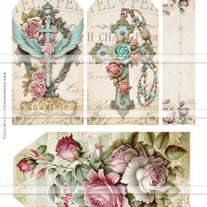 May include: Two vintage-style gift tags with a cross and floral design. The tags are decorated with roses, a cross, and a rosary. The text on the tags reads "Chapel of Prayer".