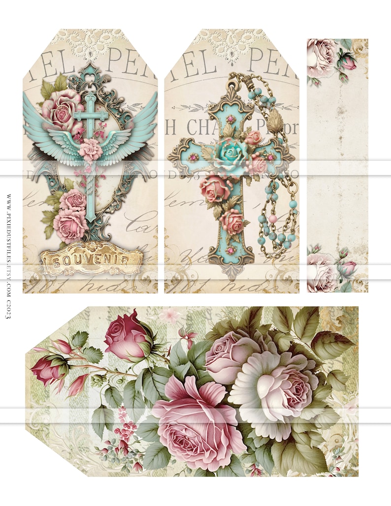 May include: Two vintage-style gift tags with a cross and floral design. The tags are decorated with roses, a cross, and a rosary. The text on the tags reads "Chapel of Prayer".