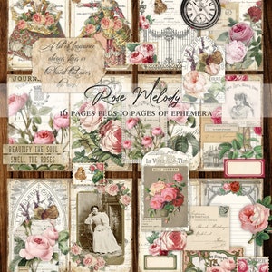 Rose Melody Junk Journal imprimable, botanique vintage, kit de journal de roses de jardin, éphémères, pages, étiquettes, enveloppes, fournitures de journal indésirable
