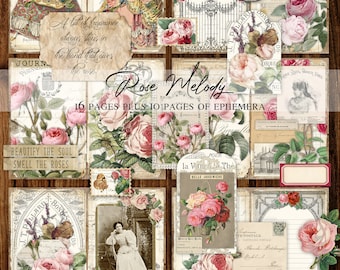 Rose Melody Junk Journal do druku, vintage botaniczny, zestaw do dziennika z różami ogrodowymi, efemerydy, strony, tagi, koperty, materiały do dziennika śmieci