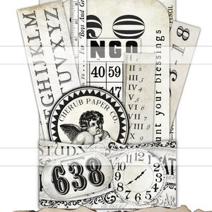 May include: A black and white collage of vintage ephemera, including a cherub, a clock, a ruler, and a number tag. The collage is arranged in a pocket-like shape and includes the text "NGO", "CHERUB PAPER CO.", "STUDN", "638", and "Sunt your blessings".