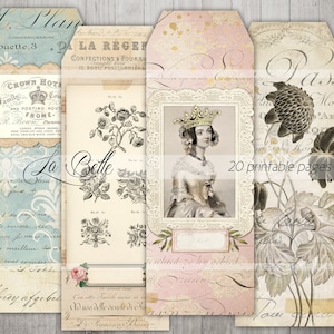 Op de afbeelding: Een set van 20 printbare pagina's met vintage illustraties en tekst. De pagina's bevatten een portret van een vrouw met een kroon, bloemmotieven en tekst in het Frans en Engels. De pagina's zijn perfect voor scrapbooking, kaartmaken en andere knutselprojecten.
