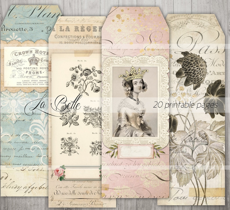 Op de afbeelding: Een set van 20 printbare pagina's met vintage illustraties en tekst. De pagina's bevatten een portret van een vrouw met een kroon, bloemmotieven en tekst in het Frans en Engels. De pagina's zijn perfect voor scrapbooking, kaartmaken en andere knutselprojecten.