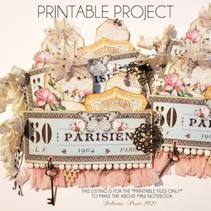 Utskrivbar skräpjournal mini anteckningsbok digitala papper scrapbooking journaling material vintage ephemera kit shabby chic Paris rosa rosor gör-det-själv