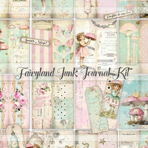 Fairy junk journal kit, feeën digitale dagboekpagina's, afdrukbare download, sprookjesland, ephemera, paddenstoelen, vlinders, plakboek, papier