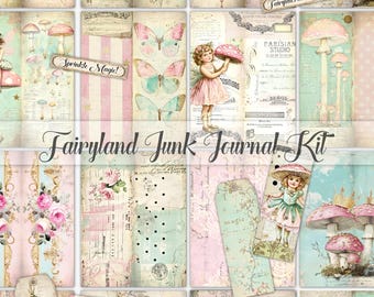 Fairy junk journal kit, fairies digital journal pages, printable download, fairyland, ephemera, mushrooms, butterflies, scrapbook, paper