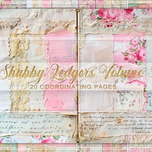 Libros de contabilidad shabby, páginas imprimibles para diario basura, plegables, rosas shabby chic, efímeras digitales, papel vintage, descarga, páginas plegables, florales