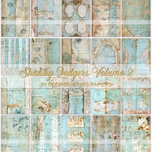 Shabby Ledgers, páginas de diario basura azul, papeles imprimibles, efímera digital, papel de álbum de recortes, hojas de collage, página de diario plegable