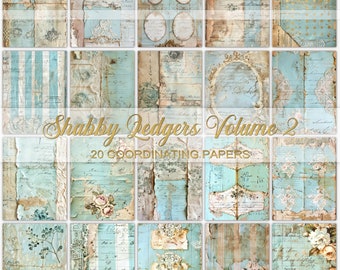 Shabby Ledgers, blue junk journal pages, printable papers, digital ephemera, scrapbook paper, collage sheets, foldable journal page